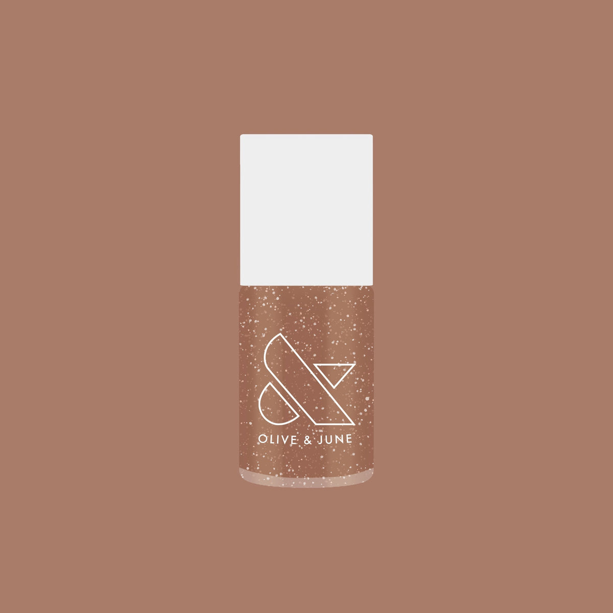 Olive and June bottle of Coconut Shimmer Gloss gel polish with warm chestnut base and silver shimmer on brown background